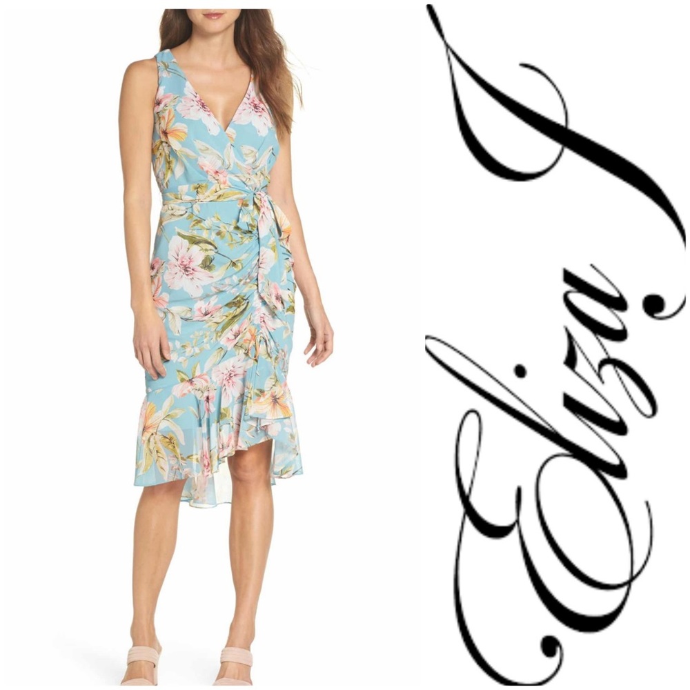 Eliza J floral print faux wrap midi dress